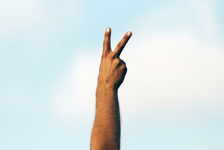 person's hand with peace sign, fingers, clouds, sky, blue, white HD wallpaper