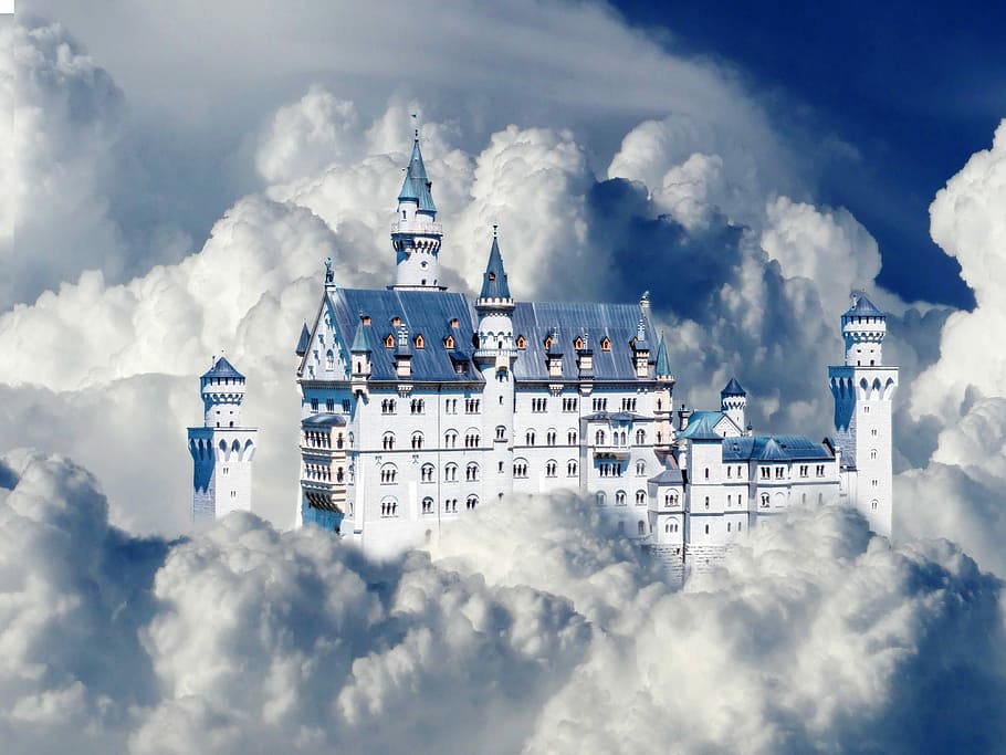 white and blue castle surrounded by clouds, sky, cumulus, cloud formation
