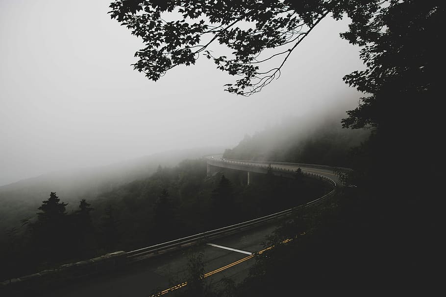 greyscale photo of road, landscape photography of foggy mountain with roads HD wallpaper