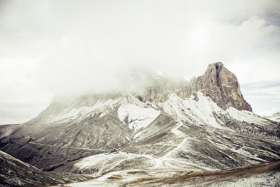 brown mountain covered by fog, highland, cloud, sky, summit HD wallpaper