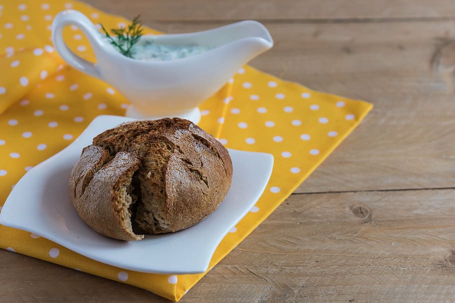 muffin, bread, breakfast, crispy, yogurt, sauce, eating, food HD wallpaper