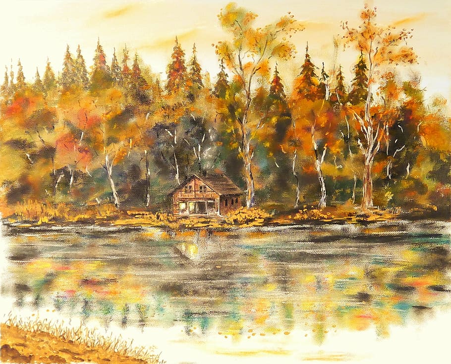 brown wooden house near body of water surrounded by brown leaf trees painting, HD wallpaper