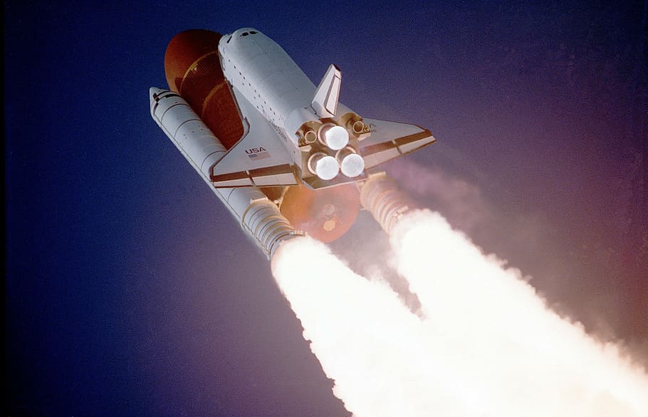 white and red jet during daytime, space shuttle, lift-off, liftoff