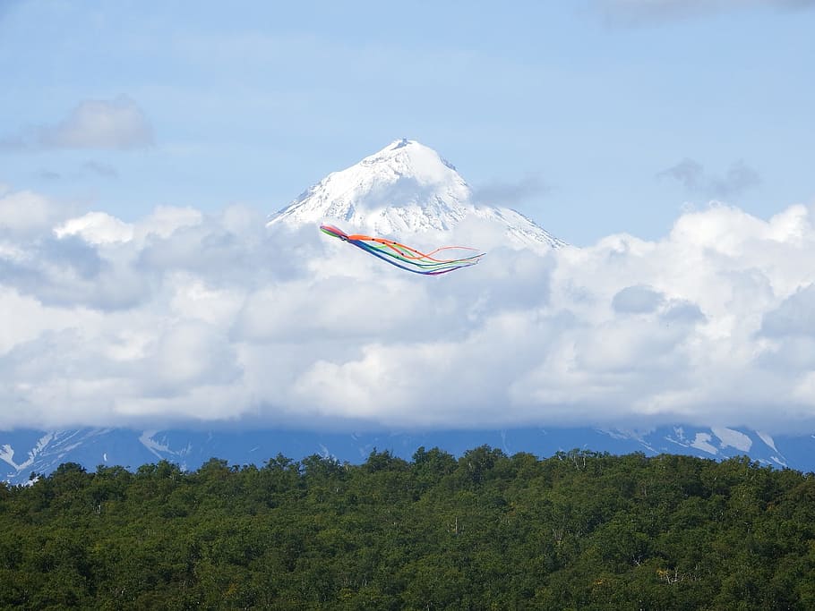 sky, clouds, kite, flight, height, volcano, forest, open space HD wallpaper