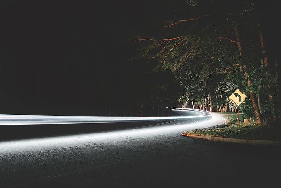 timelapse photography of vehicle in dark road, trees, plants, HD wallpaper
