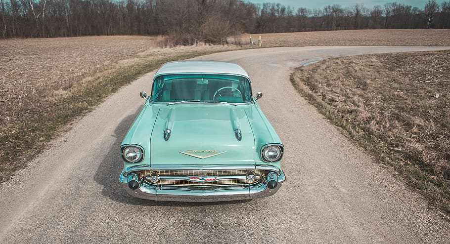 green car on road, teal Chevrolet Bel-Air, vehicle, tree, drive HD wallpaper