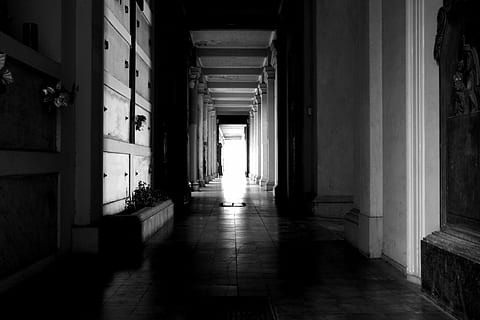 dark alley inside building, hall, path, abandoned, cemetery HD wallpaper