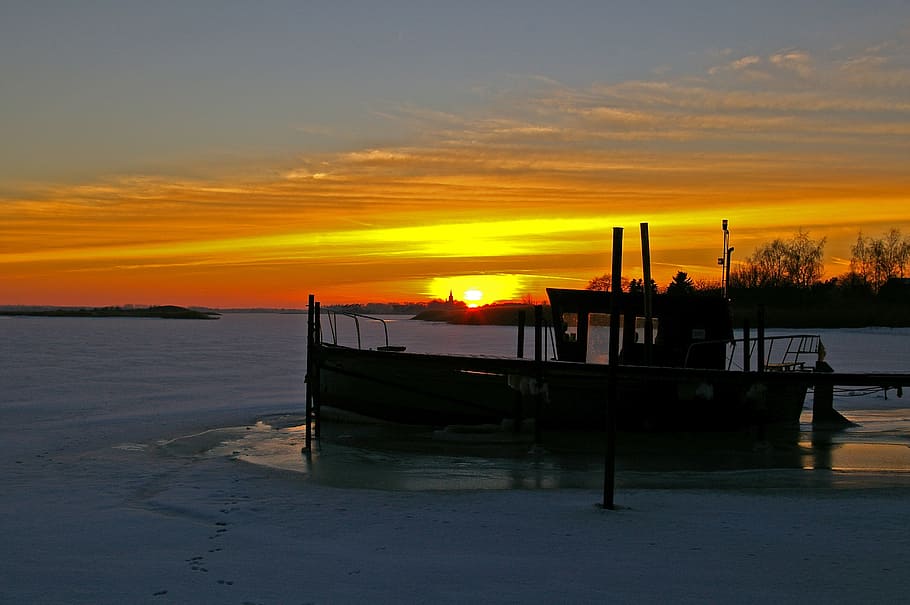 sunset, winter evening, ice, frozen, frost, winter magic, cold HD wallpaper