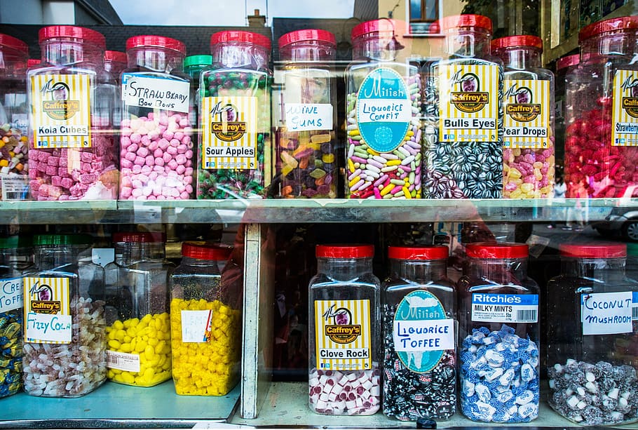 assorted glass bottles, candy, window, killarney, ireland, choice HD wallpaper