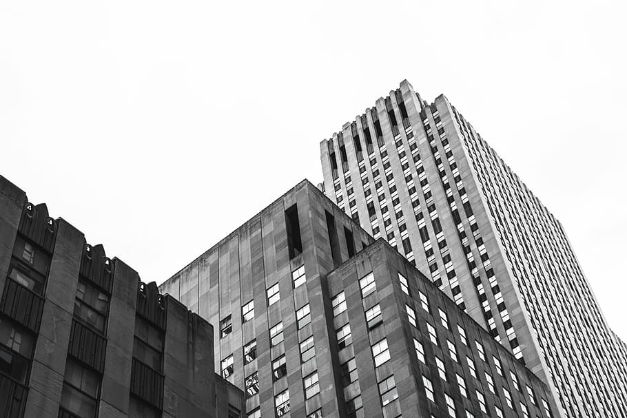 low-angle photography of highrise building, gray, buildings HD wallpaper