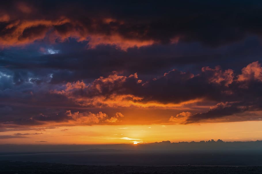 gold hour photography of sky, sunset, view, peak, dark, clouds HD wallpaper