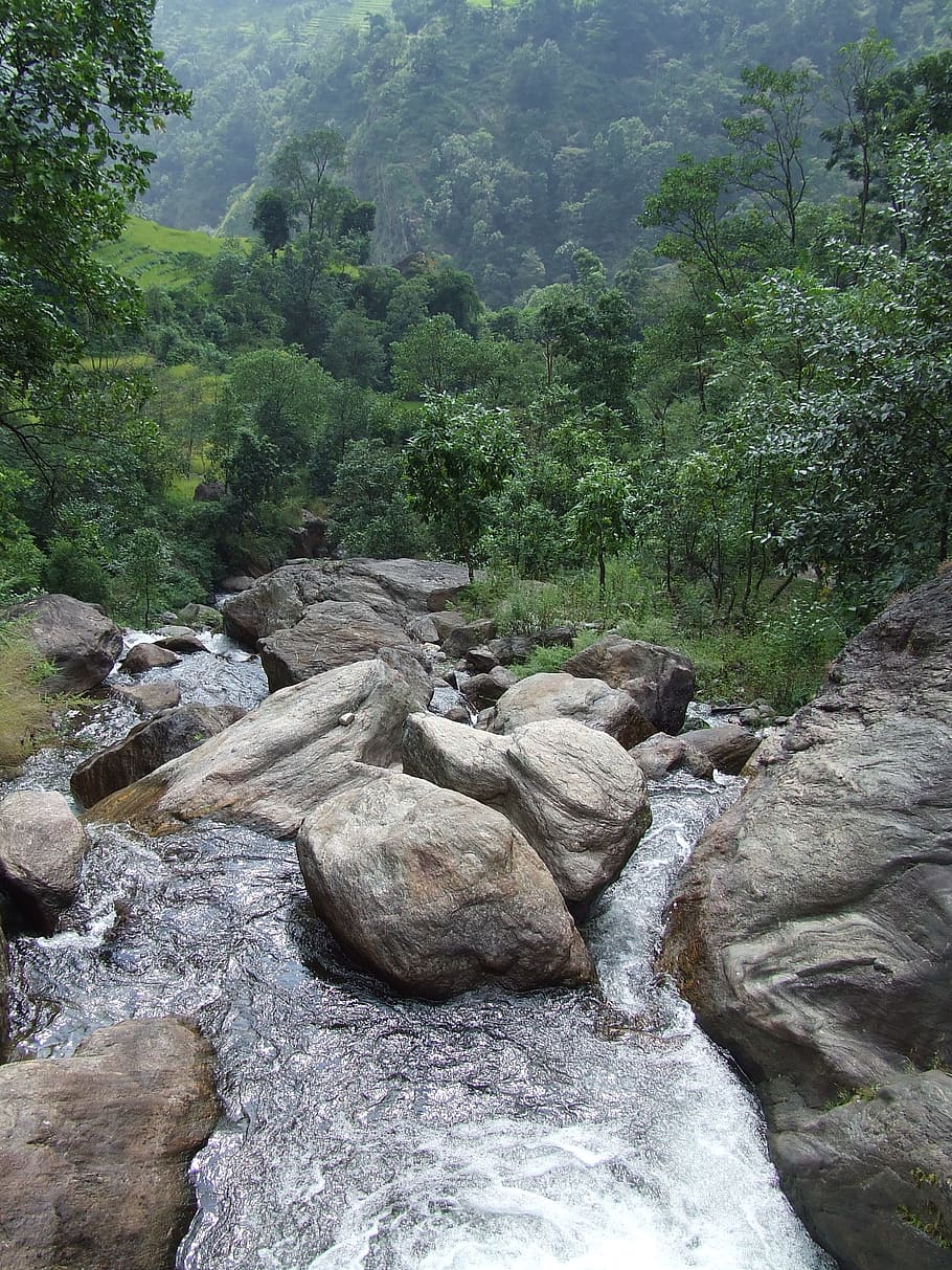 nepal, annapurna, trekking, rocks, stones, water, river, streem HD wallpaper