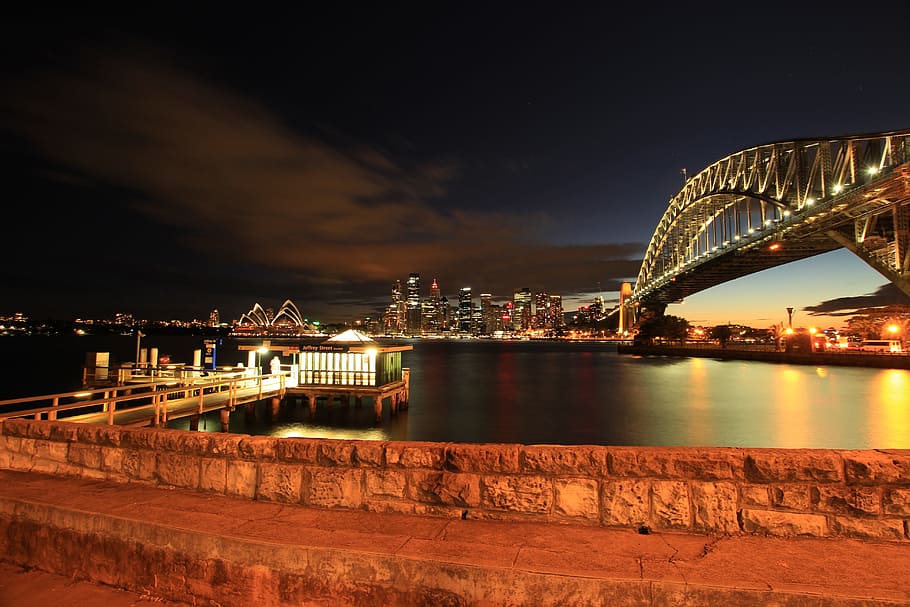 city, landmark, lights, night, architecture, australia, bridge, HD wallpaper