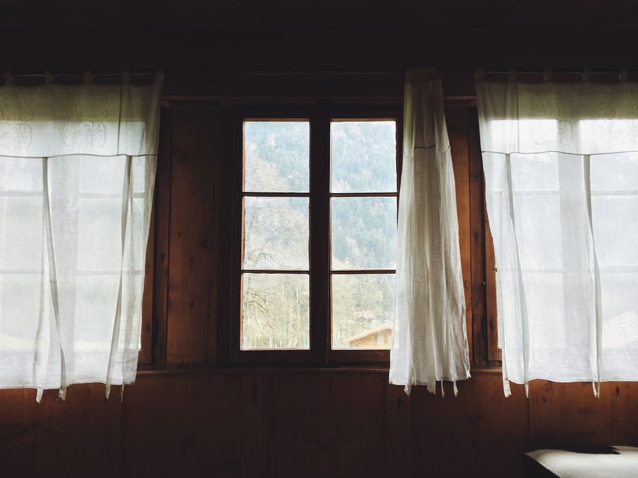 clear glass window with cutrain, brown wooden windowpane, photo