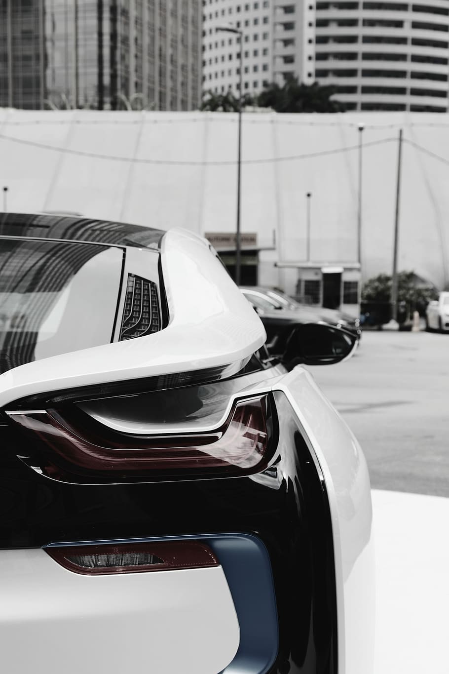 black sedan, white car, light, building, mirror, automobile, mode of transportation HD wallpaper