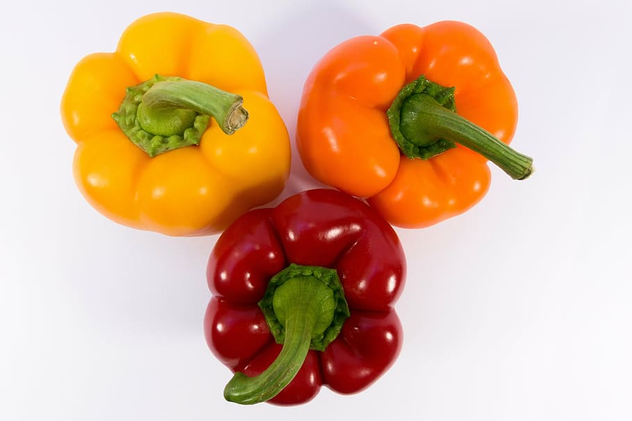 three bell peppers, paprika, yellow, orange, red, vegetables HD wallpaper