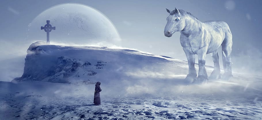 white horse on snow, fantasy, winter, monk, cold, mystical HD wallpaper
