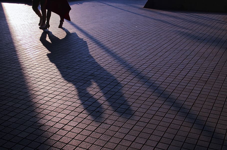 gray asphalt road, shadow of couple standing, people, floor, feet HD wallpaper