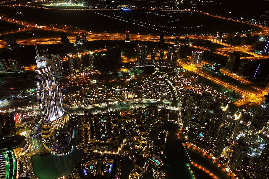 bird's-eye view photo of high-rise buildings, Night, Dubai HD wallpaper