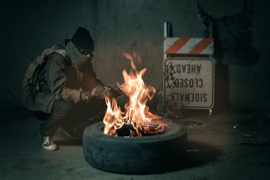 cold, people, man, alone, fire, burn, heat, wheel, flame, sign HD wallpaper