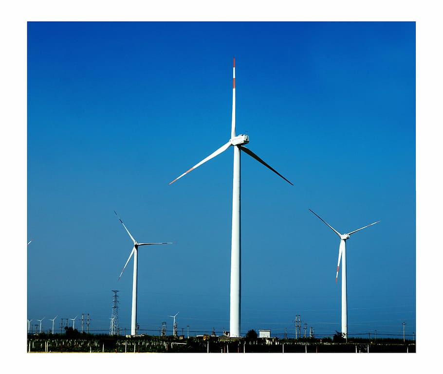 blue sky, windmill, white, zhangpu, liu ao, environmental conservation HD wallpaper