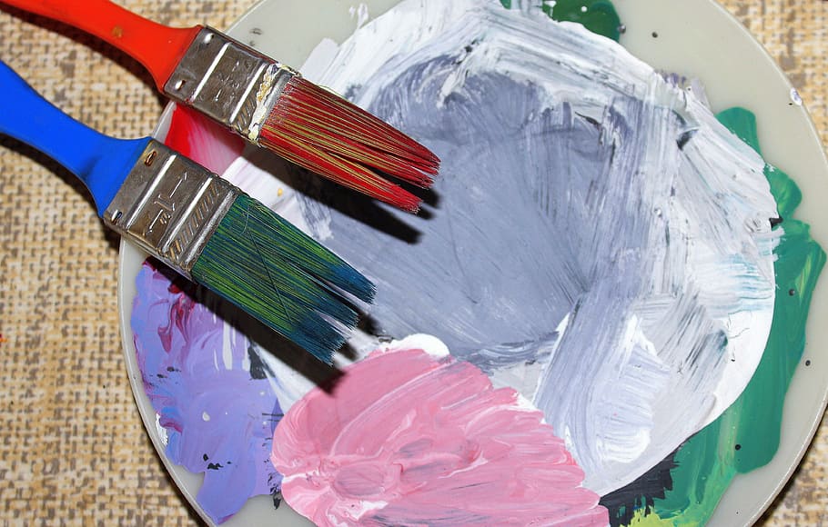 two red and blue paint brush on gray tray, painting, painter HD wallpaper