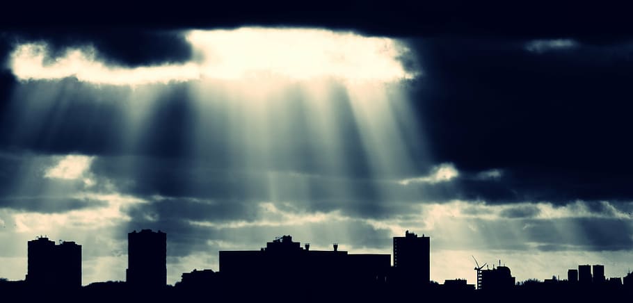 backlit, buildings, city, dark, dawn, dusk, landscape, light HD wallpaper