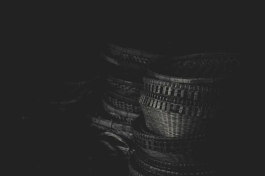 grayscale photography of wicker baskets, untitled, pile, night HD wallpaper