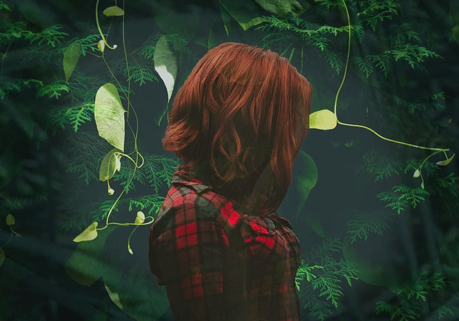 green, leaves, bush, hedge, plant, woman, red, shirt, nature HD wallpaper