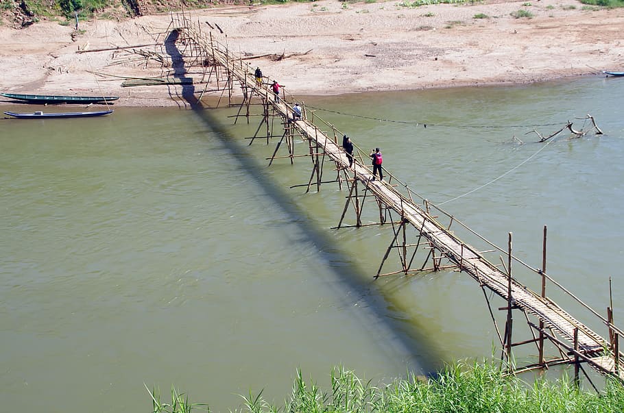 Laos, Luang Prabang, Bridge, Bamboo, fragile, river, water HD wallpaper