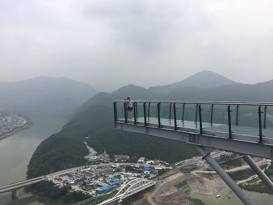 danyang, skywalk, hooray, mountain, water, mountain range, architecture HD wallpaper
