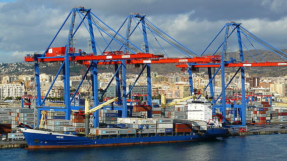 blue and red boat near buildings, container port, coast, architecture HD wallpaper