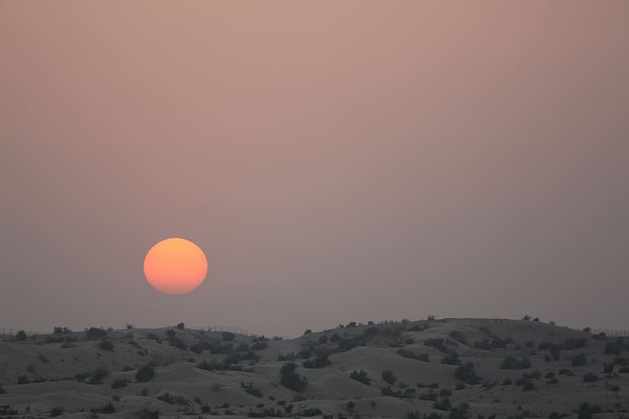 moon over the hill, gray mountain covered with grass under sunset HD wallpaper
