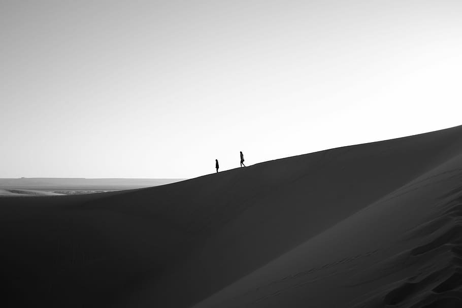 silhouette of two person walking on dessert, silhouette photo of two person walking on sand dunes HD wallpaper