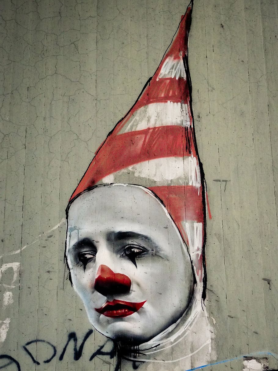 clown wall paintin, graffiti, face, carnival, mask, head, decoration, HD wallpaper