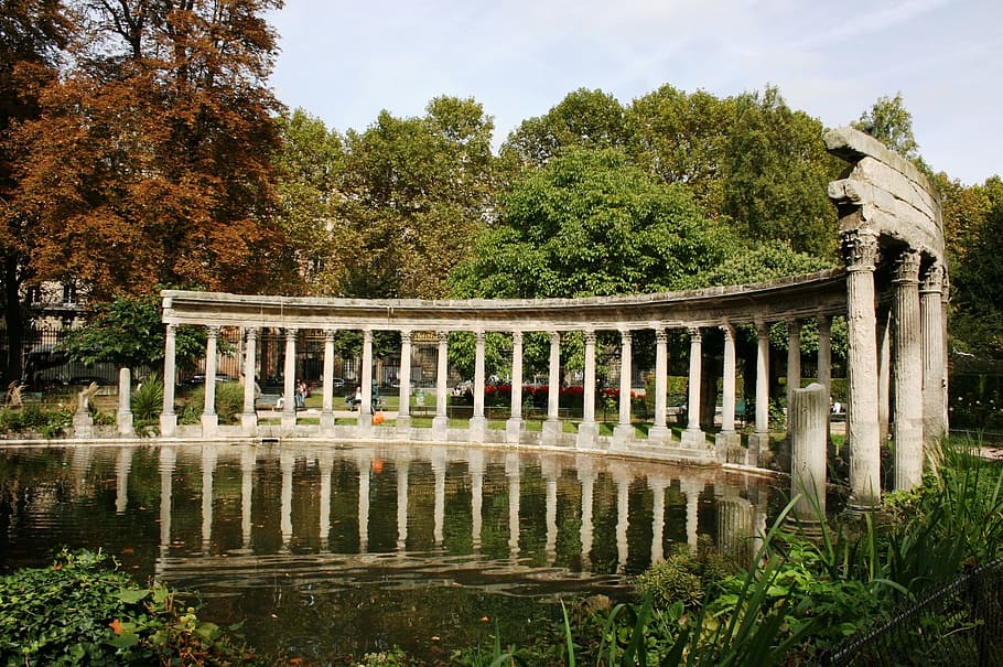 colonnade, columns, lake, parc monceau, paris, plant, tree HD wallpaper