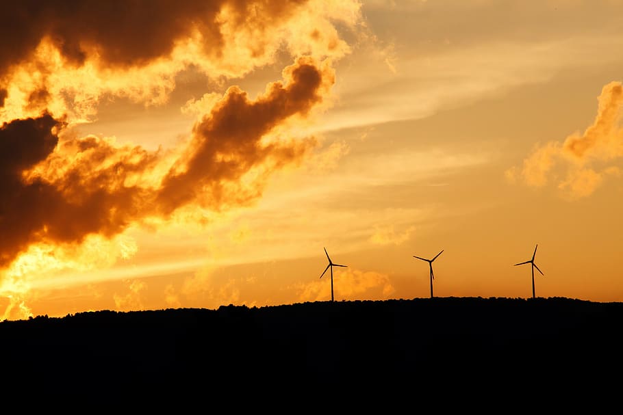 silhouette photograph of wind turbines during golden hour, alternative HD wallpaper