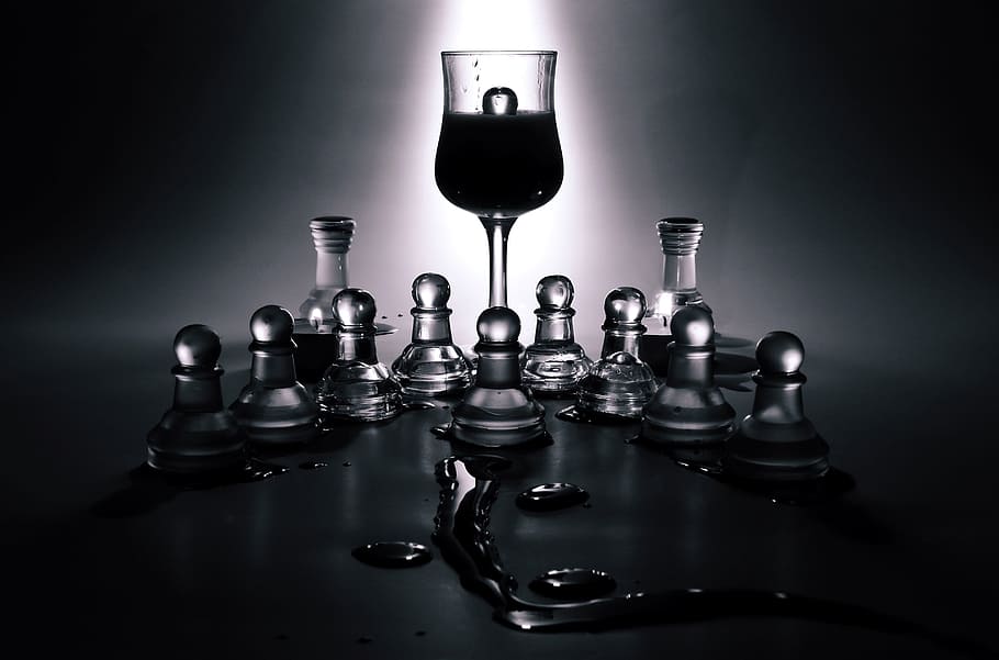 clear wine glass beside chess piece, pieces, figurines, strategy HD wallpaper