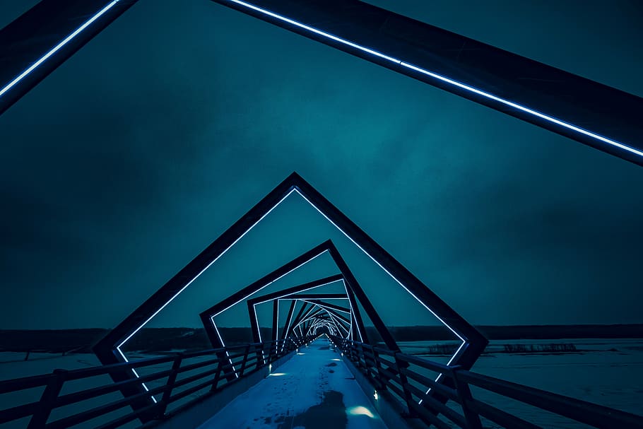 black bridge surrounded by body of water, pathway, leading, blue, HD wallpaper
