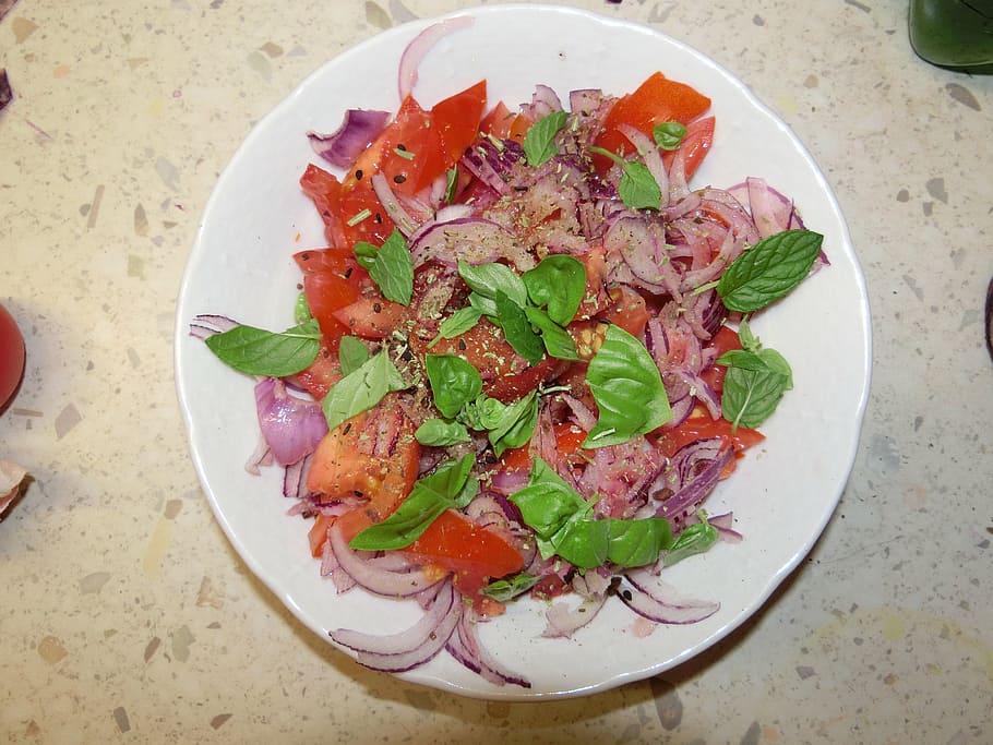 tomatoes, onion, knife, basil, salad, healthy, eat, vegetarian HD wallpaper