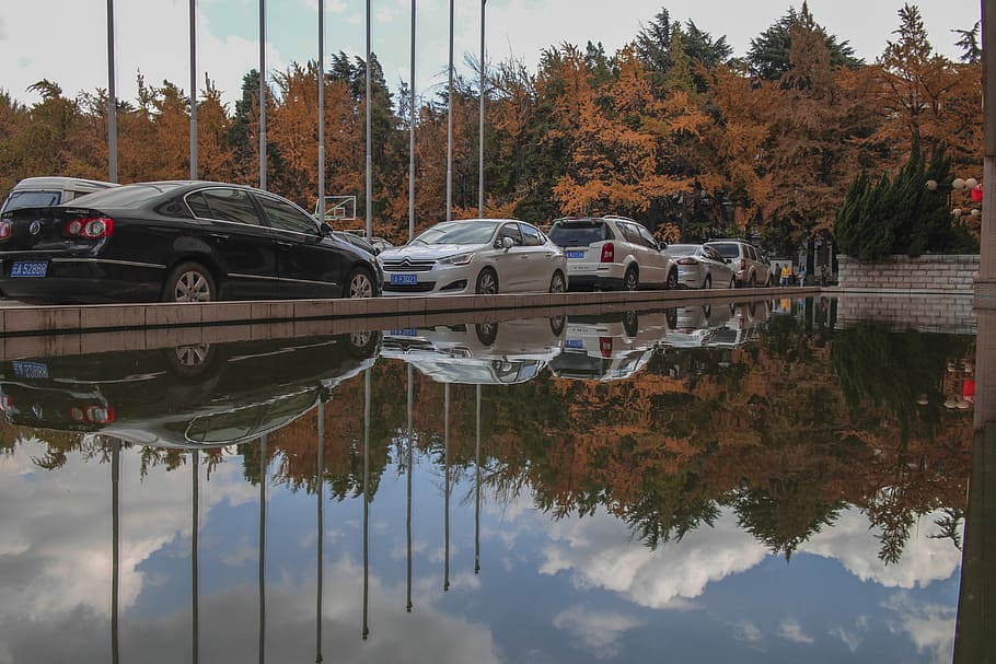 Cars, Pond, Reflection, Autumn, water, transportation, mode of transport HD wallpaper