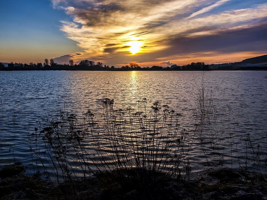 landscape, pond, twilight, sun, sunset, sky, water, beauty in nature HD wallpaper