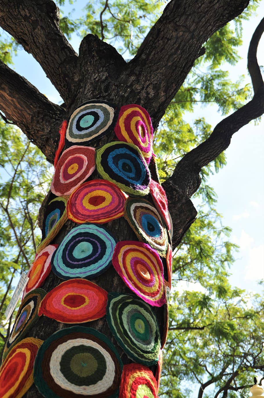 upcycling, tree, crochet, art, tree decoration, festival, street art HD wallpaper