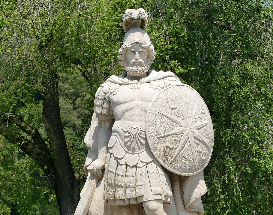 man holding shield statuette, sculpture, warrior, mythology HD wallpaper