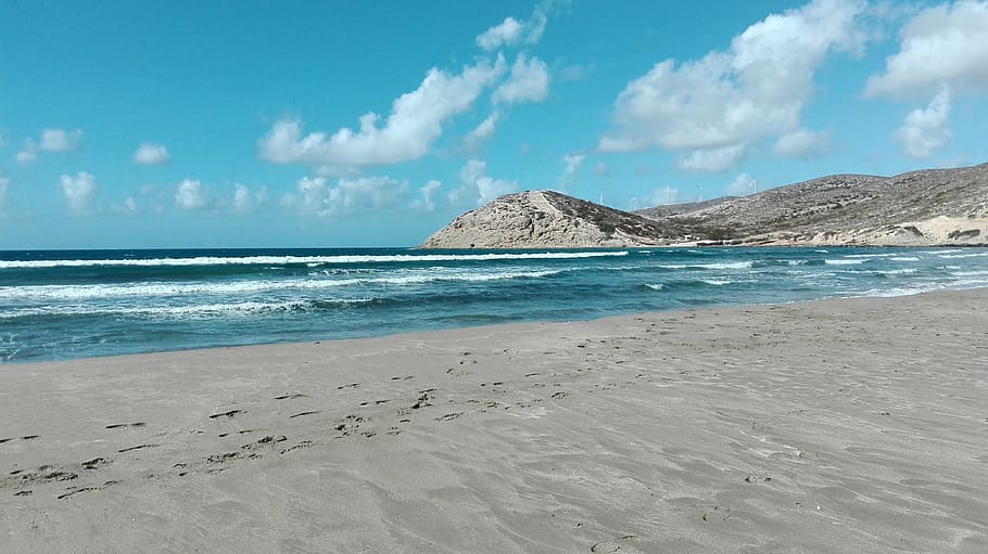gray seashore, beach, wave, rhodes, greece, blue, water, sand HD wallpaper