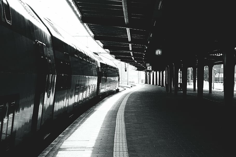 black train, black and white, train station, transportation HD wallpaper