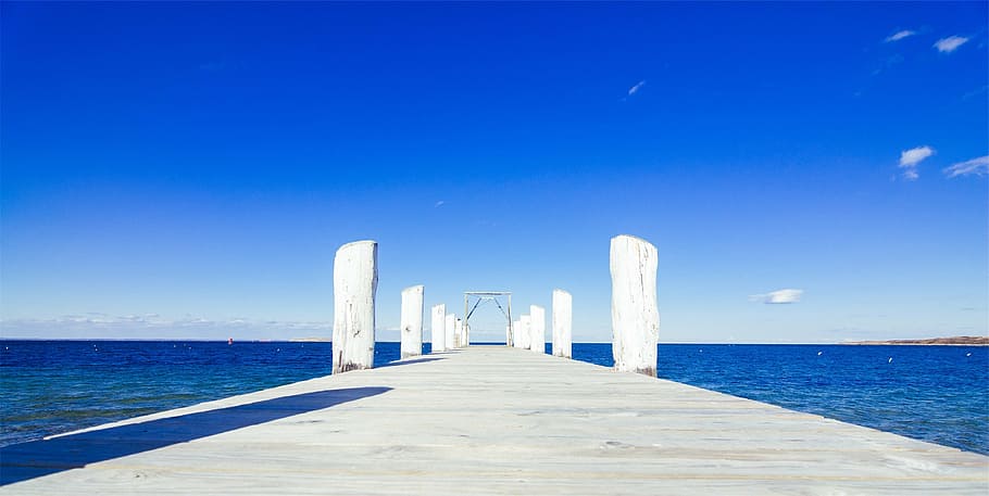 gray concrete dock surrounded by water under blue sky, wood HD wallpaper