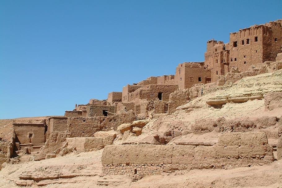 brown concrete ruins, morocco, ait-benhaddour, village, desert, HD wallpaper
