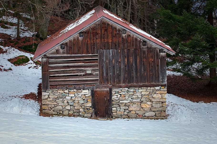 Hut, Barn, Log Cabin, Scale, Snow, winter, wood, stone, nature HD wallpaper