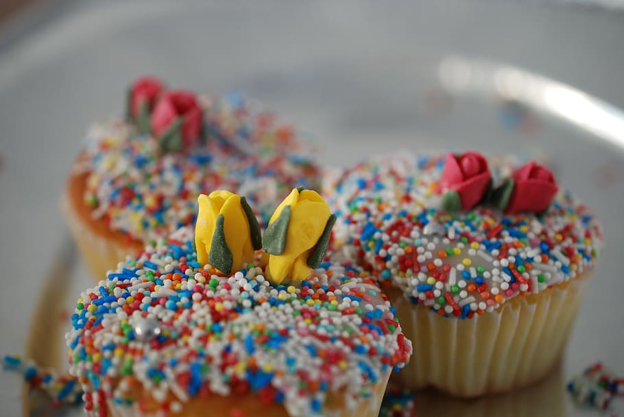 three baked cupcakes, cookie, party, birthday, treat, decoration HD wallpaper